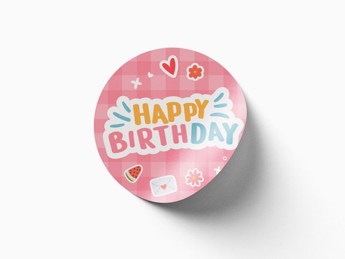 35 x Pink Cute Illustration Happy Birthday Circle Sticker For Part Bags 45mm - Picture 4 of 5