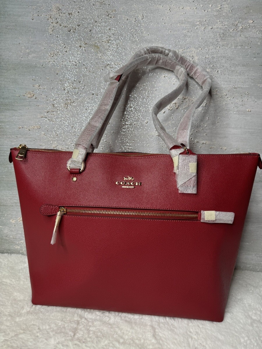 COACH 79608 Gallery Tote Crossgrain Leather Shoulder Bag Gold/Red