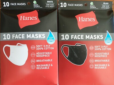 2 10 Packs Hanes Face Masks - 10 Black  10 White Cotton Reusable Cloth Facemask