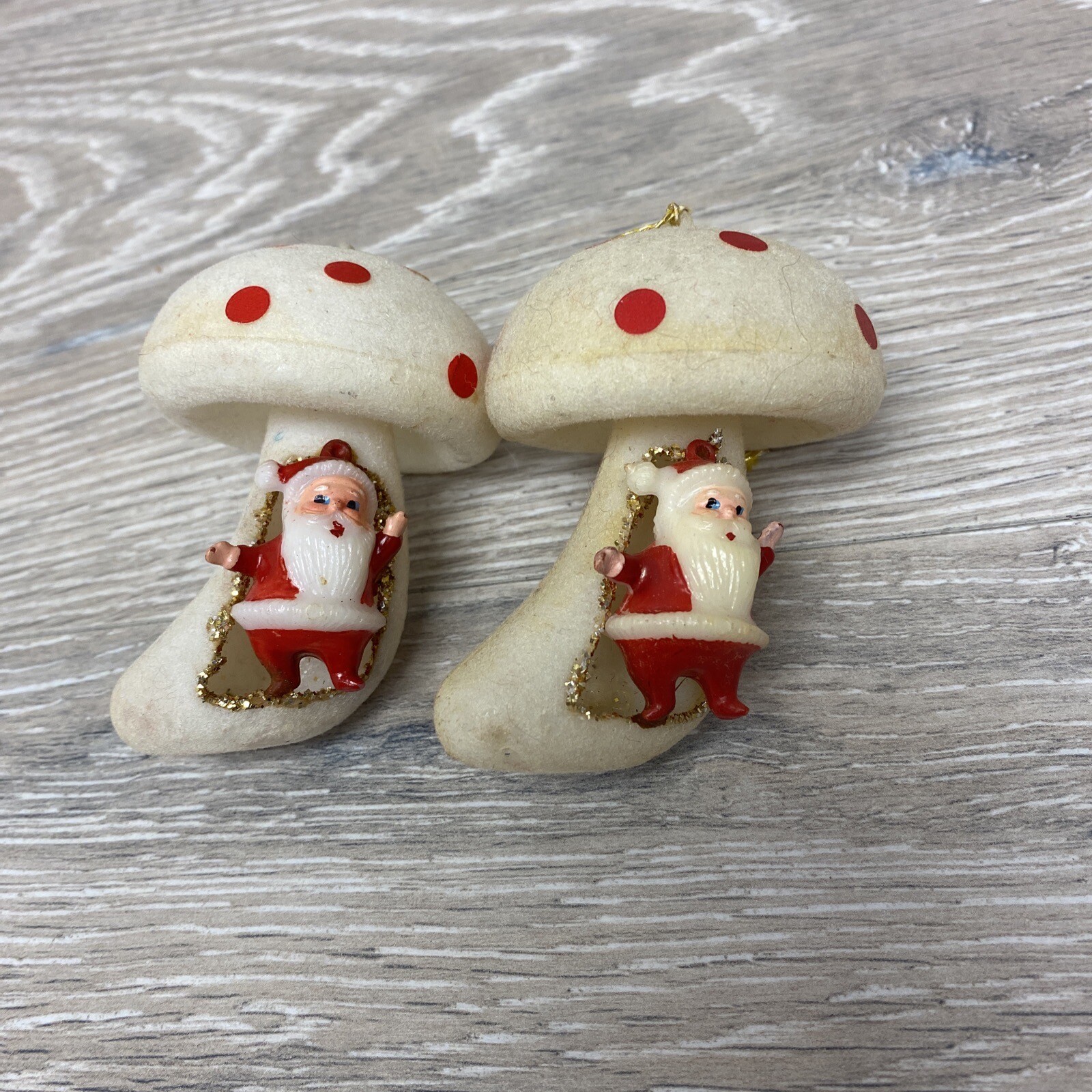 Vintage Mushroom Ornaments White Flocked Santa Claus 3" Dots Christmas