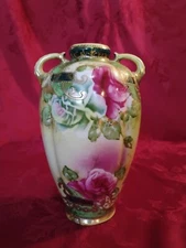 Antique Nippon Vase Pink Green Gilt Beading Maple Leaf Mark 9"