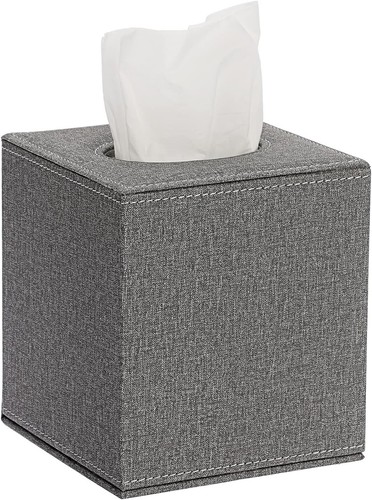 Square Linen Tissue Box Cover Cube Holder with Magnetic Bottom Grey