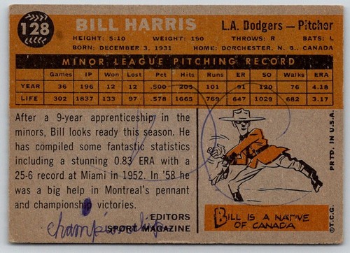 1960 TOPPS SLIGHT DAMAGE BILL HARRIS RC LOS ANGELES DODGERS #128 - Picture 2 of 2