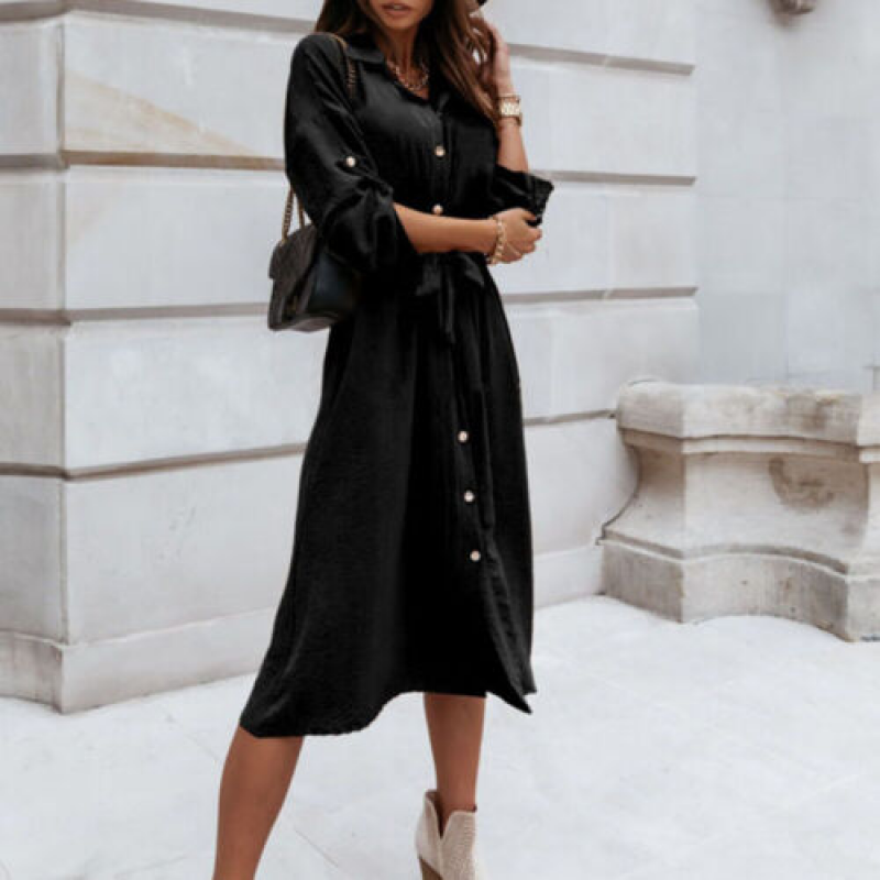 black long sleeve button dress Womens Shirt Ladies Work OL Button Belted Midi Dresses Size:160cm Size Large. collection-birthday-dresses collection-party-dresses Monte Carlo | Black