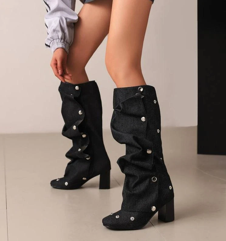 Women's Denim Print Mid Calf Boots - Slip On Block Heel, Size US 11.5