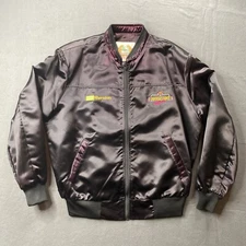 Vintage Universal Studios Hollywood Black Satin Bomber Jacket 24.5x28 Size XL?