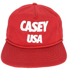 Vtg 80s Casey USA Cap Rope Script Spell Out Logo Snap Back Trucker Baseball Hat