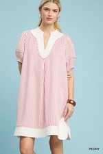 Umgee Pinstripe Shift Dress with Contrast Trim