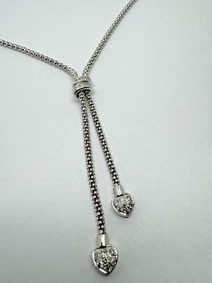 14k White Gold Double Heart Lariat  GENUINE Diamond Necklace - 44 pts