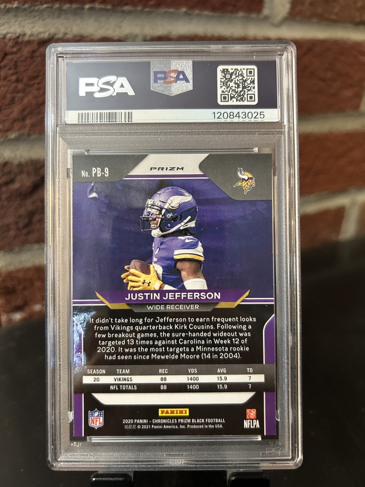 2020 Panini Chronicles - Prizm Black Justin Jefferson #PB-9 Silver (RC) PSA 10 view 2