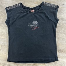 VTG Harley Davidson X-Large Black Biker Chick Chainlink Shoulders Baby Tee USA