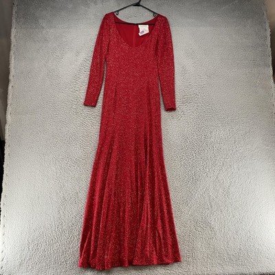 VTG Badgley Mischka Gown Womens 6 Red Long Sleeve Sequin Formal Evening Prom