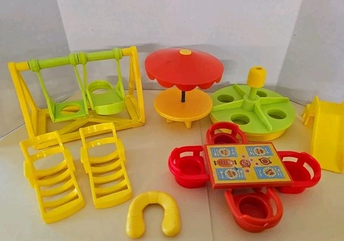 Vintage Fisher Price Little People Patio Set Umbrella Table chairs Grill BBQ