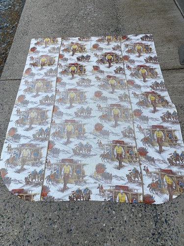 Vintage Cowboys Western Twin Top Flat Sheet, Old West Fabric 1950s 50s Faded