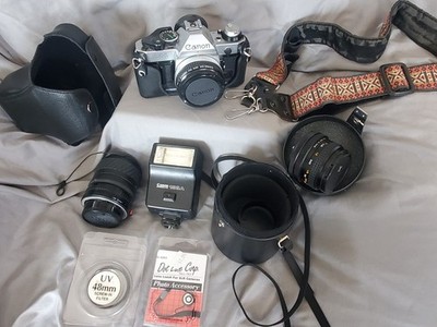Canon AE-1 Program 35mm Camera With Case & Strap Multiple Lenses Flash Lot Clean