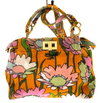 FENDI 2WAY Hand Shoulder Bag Peekaboo Iconic Velvet Flower Yellow