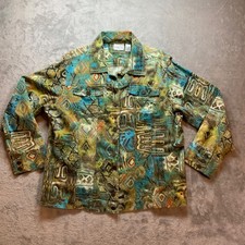 Chicos Tribal Geometric Print Cotton Linen Jacket Blue Green Size 2 Large