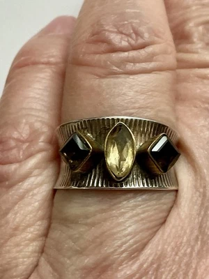 CITRINE, TOPAZE FUMÉE, ANCIENNE LARGE BAGUE ARGENT Massif , VERMEIL - Photo 1/4
