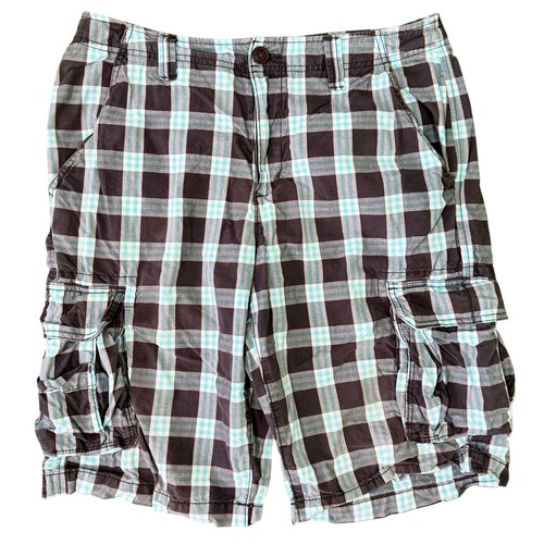 Urban Pipeline Mens Plaid Cargo Shorts Black Teal Blue Cotton Size 32