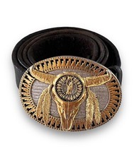 Cow Bull Steer Skull Fetish Feather Brass Vintage 4  Belt Buckle  Leather Belt