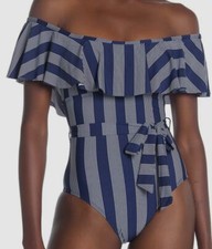  98 Splendid Women Blue White Stripe Ruffled Off Shoulder One Piece Swimsuit XS