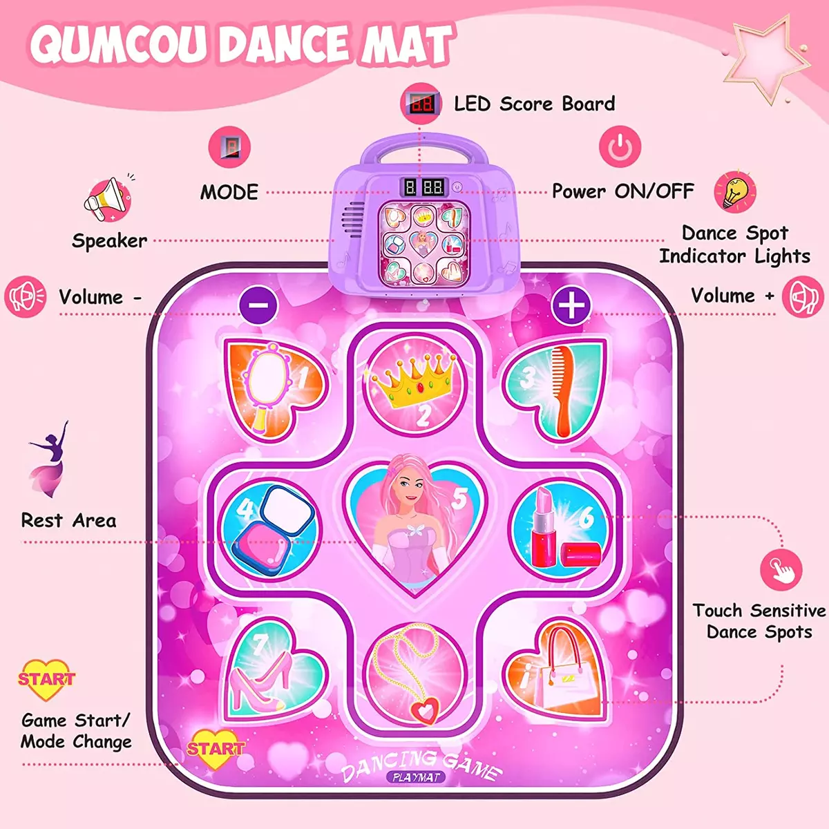 Dança Mat Brinquedos Para 3-10 Ano De Idade Meninas , 5 Jogo Modos  Incluindo 3 Desafio Levels , Ajustável Almofada Da De Volume Com Luzes LED  , Presentes De Aniversário De Natal 3 4 5 6 7 8 9 + Velho