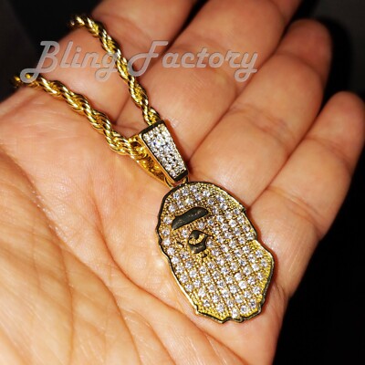 Hip Hop Jewelry Iced Gold & Silver PT BAPE Pendant & 4mm 24