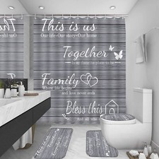 4Pcs Family Shower Curtain Sets with Non-Slip Rugs Toilet Lid Cover and Bath Mat