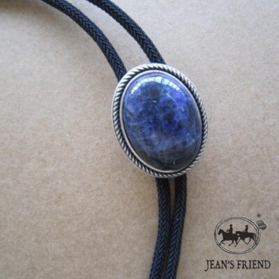 Hand Made Natural Blue Sodalite Stone Western Braided Fabric Bolo Neck Tie