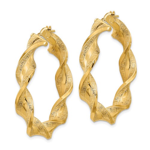 14K Solid Yellow Gold Greek Key Twisted Round Large Hoop Earrings - Picture 3 of 5
