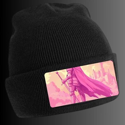 Black Beanie Hat with Cool Pink Knight Motif - Unisex Cap, Cotton