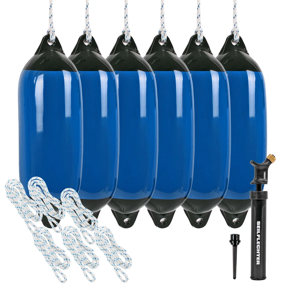 Marinefender 6er Set 150x580mm, blau inkl. Fenderpumpe und Federleine