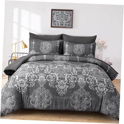 7 Pieces Comforter Set Size, Damask Bed in a Bag for Bed, Queen Grey