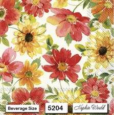  5204 TWO Individual Paper BEVERAGE / COCKTAIL Decoupage Napkins MIXED FLOWERS
