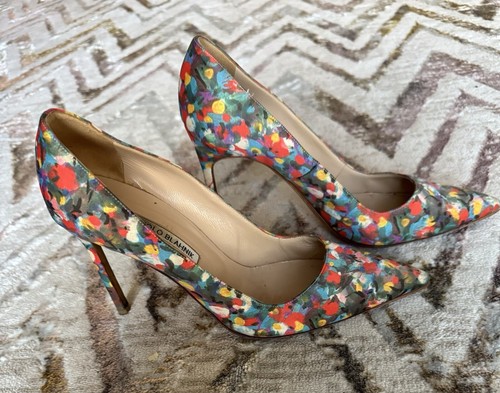 Manolo Blahnik Blue Orange Floral Print Silk Pointy High Heel Pumps Size 40 - Picture 8 of 11