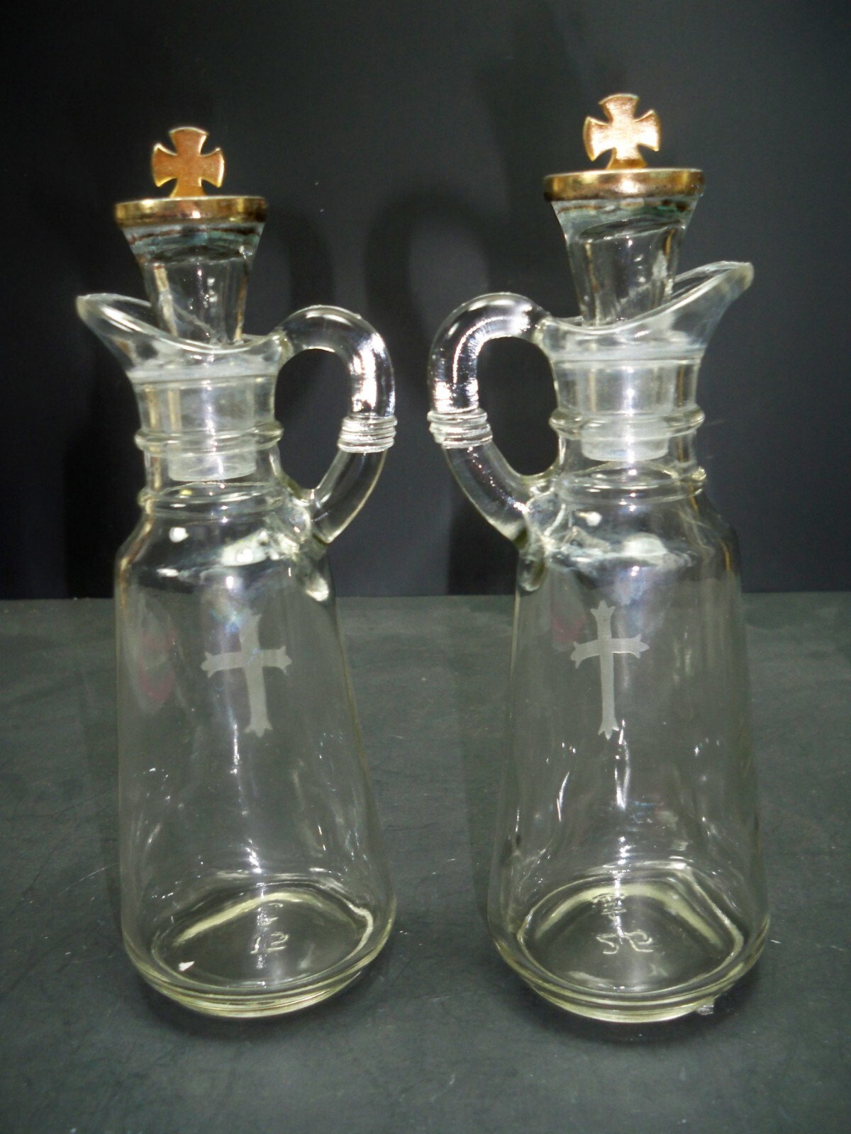 Anchor Hocking Glass Oil Cruet w/ Etched Cross & Cross Adorned Stoppers TWO Rare Cuisine