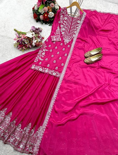 Latest New Pure Chinnon Silk Pink Top And Lehenga With Dupatta For Wedding Wear - Picture 8 of 13