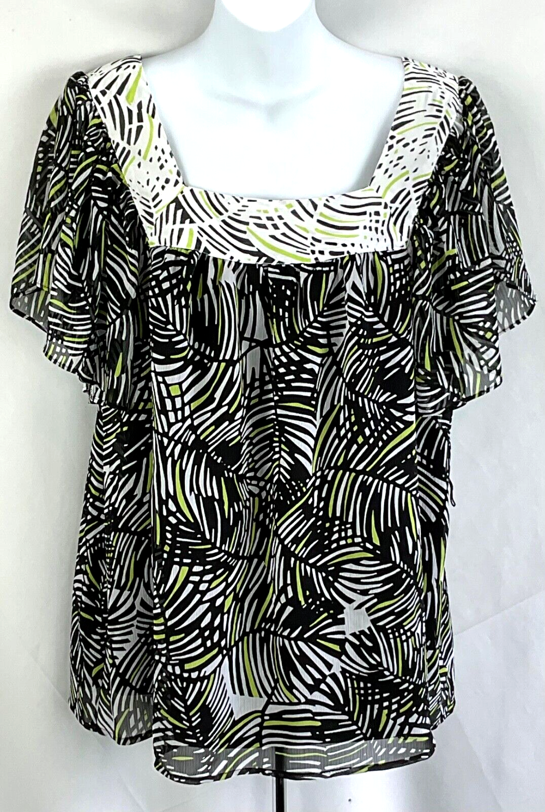 Worthington BabyDoll Chiffon Top Black White Geo Print Square Neck Flutter Sleeve