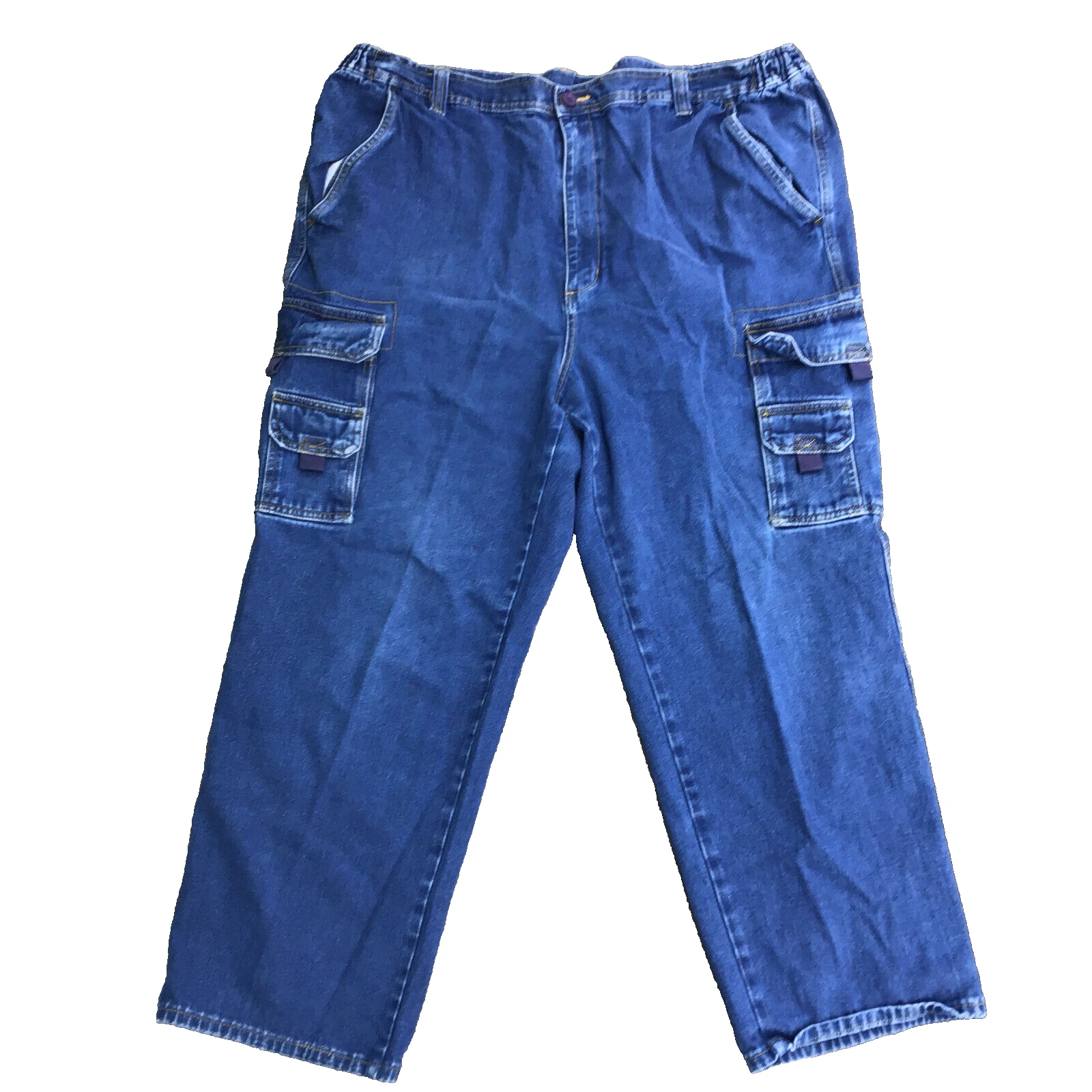 King Size Men Sz 46 x 27 Big Blue Denim Cargo Jeans Pants Side Elastic Waist