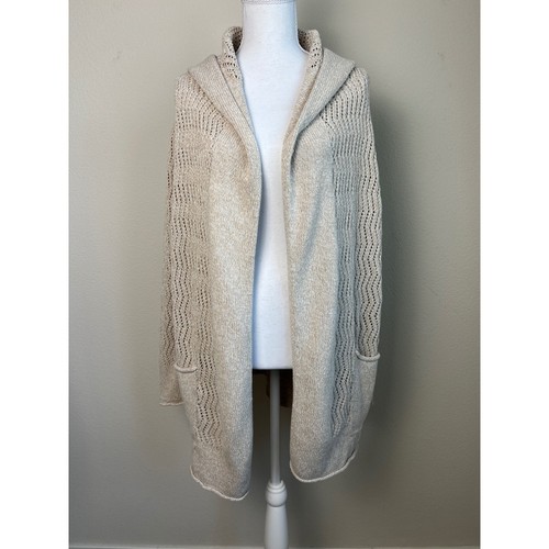 Eddie Bauer 100% Cotton Boho Cardigan XL Beige Open Knit Hooded Pocket Sweater
