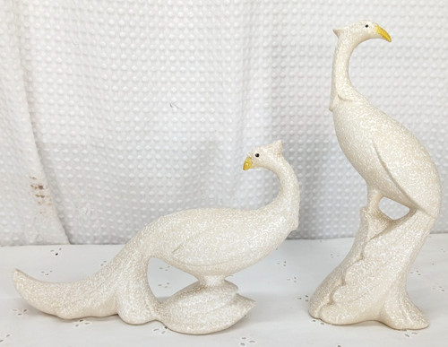 PR GORGEOUS VINTAGE WHITE LAVA SPATTER WARE CERAMIC BIRDS MCM PEACOCKS FREE SHIP