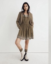 Madewell Olive Green Embroidered Corduroy Square Neck Mini Dress Sz Large Boho