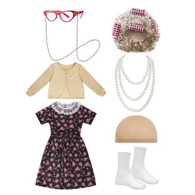 Kids Outfit Fake Wig Set Themed Party Costume Fancy Dress Up Grandma Cosplay