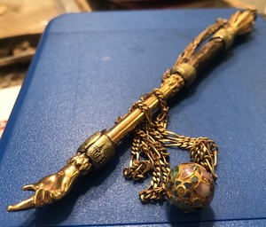 925 Sterling Silver Torah Pointer Yad w Gold Vermeil Cloisonné Ball 60 Grams 7"