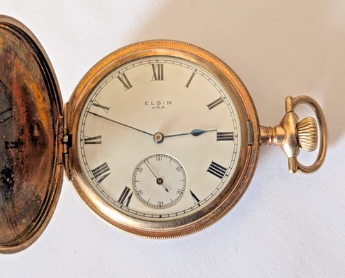 ANTIQUE 1918 ELGIN FULL HUNTER HUNTING  - GOLD PLATED POCKET WATCH -GRADE 365