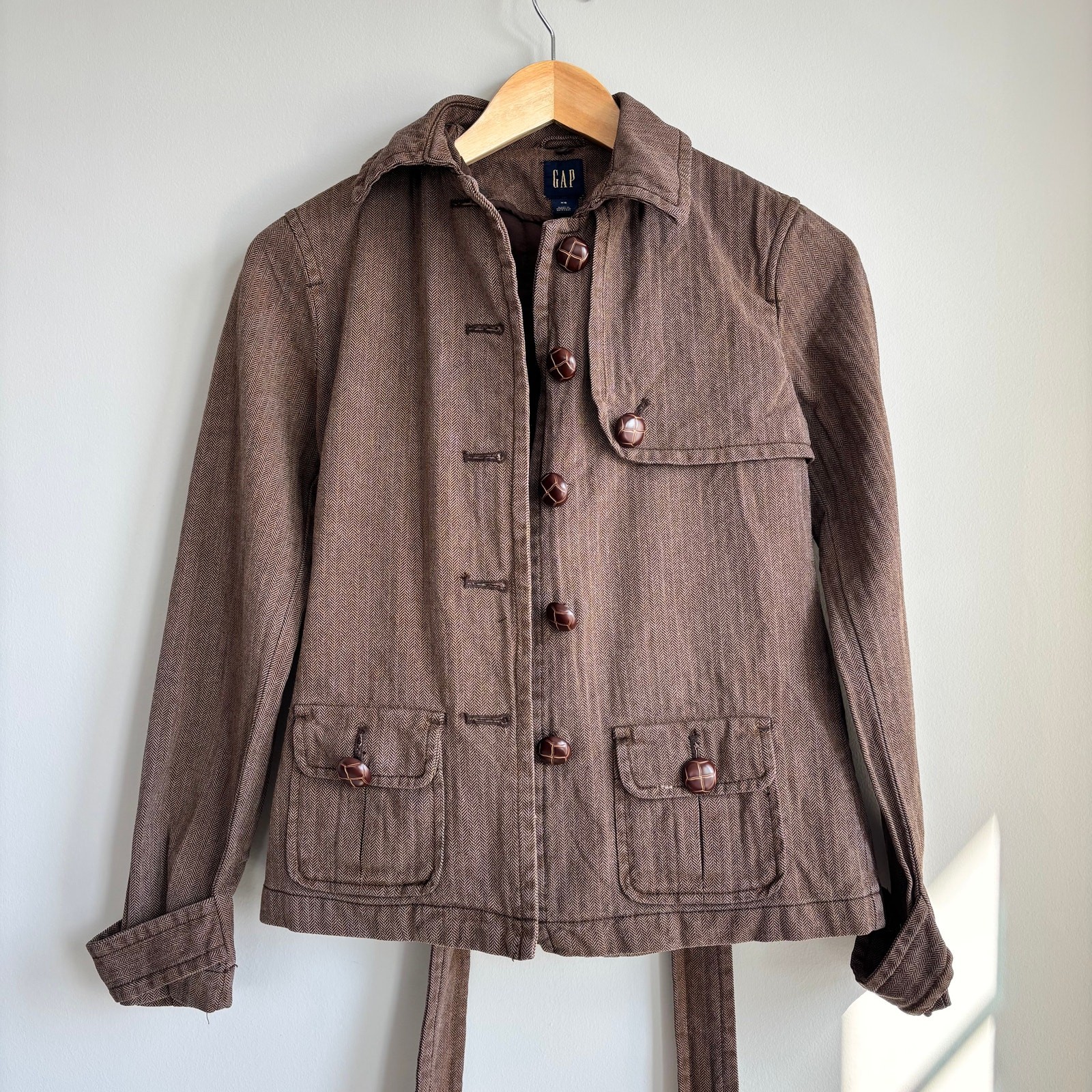 2000s Gap Brown Herringbone Button Front Belted C… - image 2