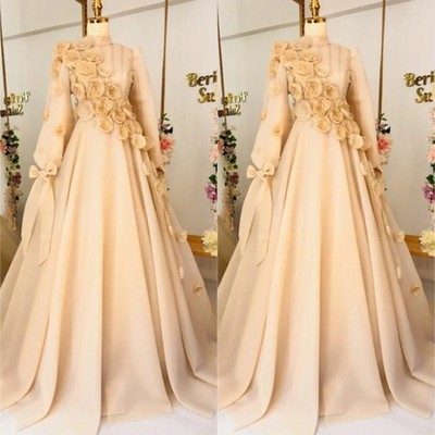 Champagne Muslim Caftan Evening Formal Dresses Long Sleeve High Neck 3D  Floral | eBay