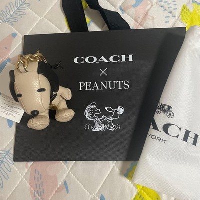 COACH x PEANUTS Snoopy Leather Keychain Beige Charm US TAX Includ