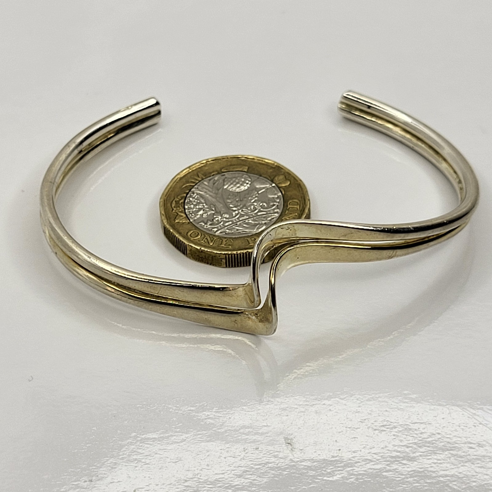 Solid Sterling Silver Double Wave Cuff Bangle Hal… - image 11