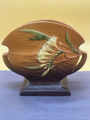 VTG Roseville Pillow Vase Pottery Freesia Double Handle #199-6 MCM C.1945 BR SEE